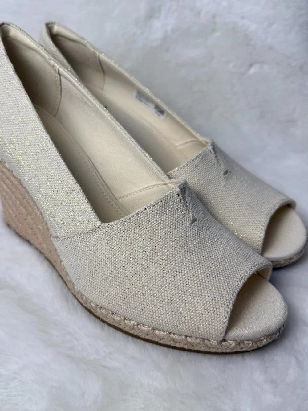 TOMS Cream Canvas Metallic Glint  Wedge Alpargata Espadrilles